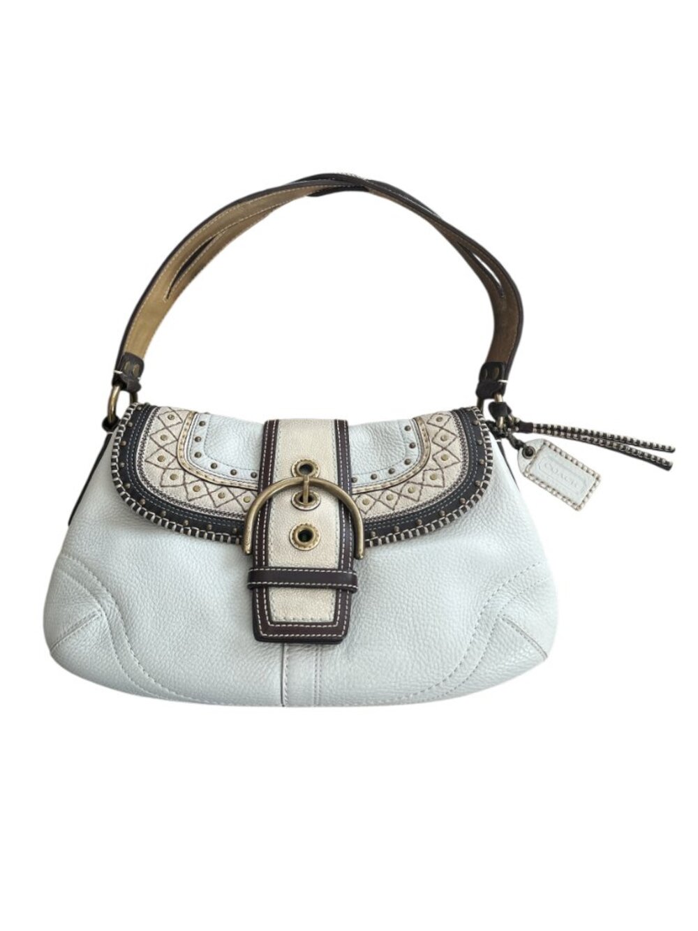VTG Coach Soho Leather Y2K Studded Stitched Shoulder Flap Bag Chalk 10479 - Picture 2 of 16